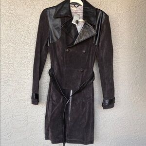 June Elegant espresso leather & Suede Trench Coat -nwt